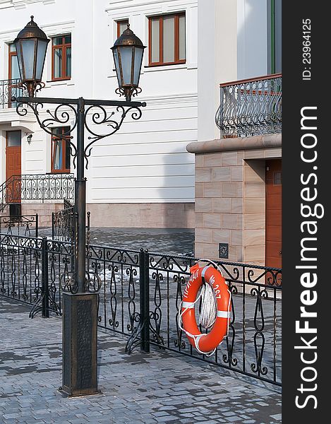 Llantern and lifebuoy on the waterfront of Balaklava in the Crimea, Ukraine