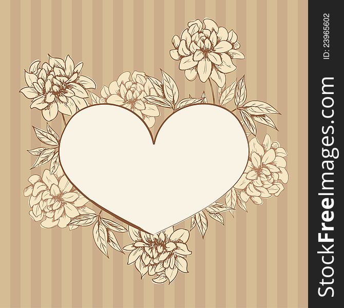 Romantic heart shape with flowers on striped background. Romantic heart shape with flowers on striped background