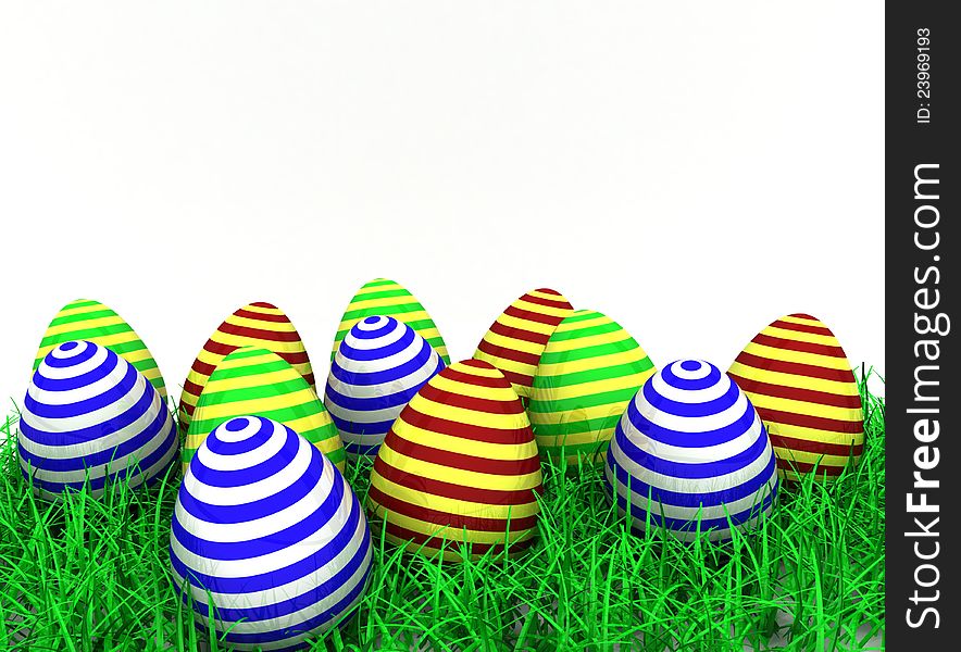 Easter eggs are on the lush grass, the attribute of the holiday, the style of traditional