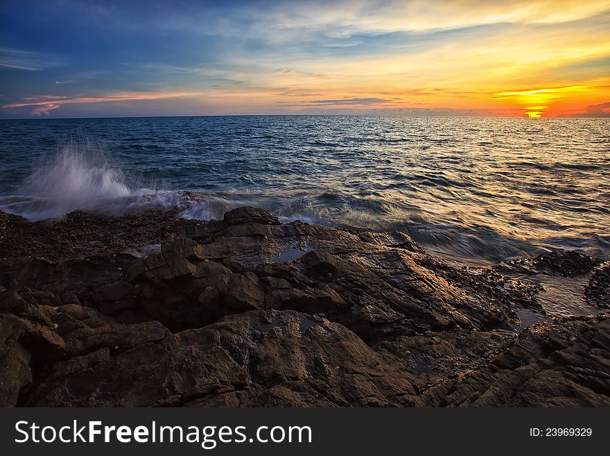 Sea Beach And Rock On Sunset Time