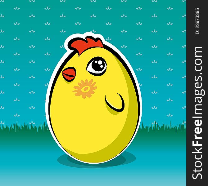 Funny easter chick, but is also yellow egg, holiday background