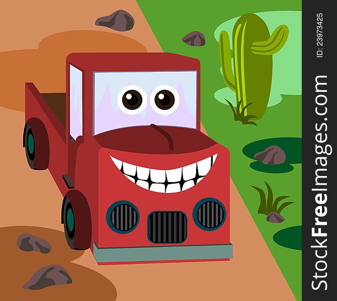 Illustration of a cute red cartoon truck with a happy face. Illustration of a cute red cartoon truck with a happy face