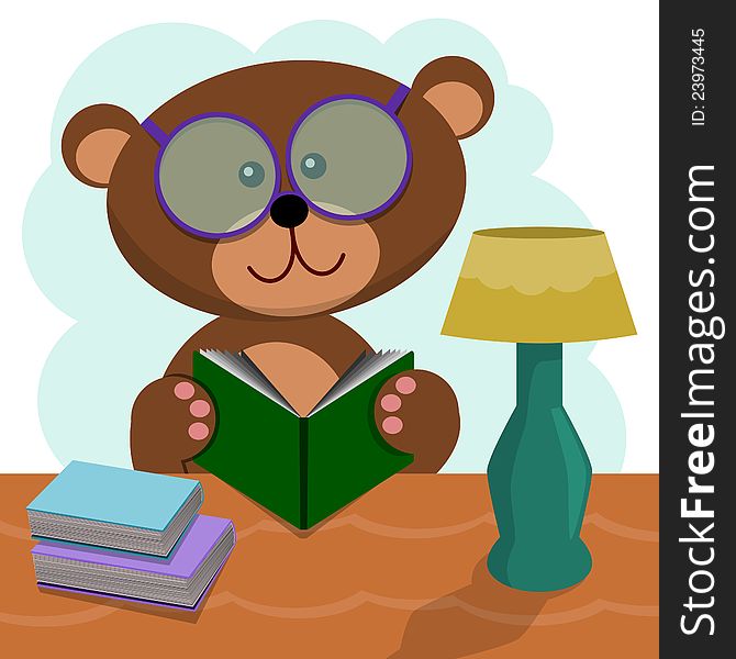 Cute cartoon bear reading a book on a table with a lamp. Cute cartoon bear reading a book on a table with a lamp