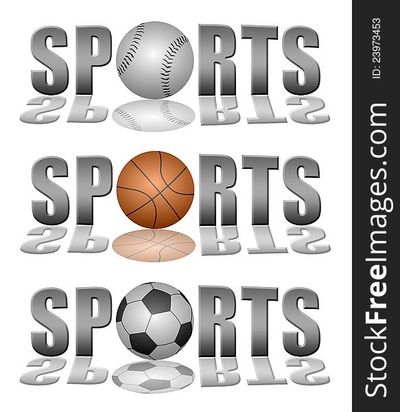 Set of sports word, each of its' letter o is replaced by a baseball, basketball, and soccer ball. Set of sports word, each of its' letter o is replaced by a baseball, basketball, and soccer ball
