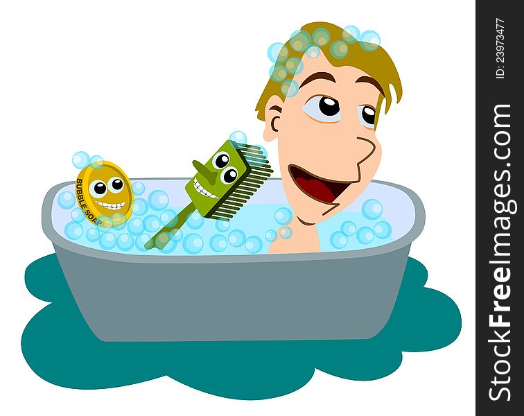 A soap and scrubber with happy faces giving a bath to a boy. A soap and scrubber with happy faces giving a bath to a boy
