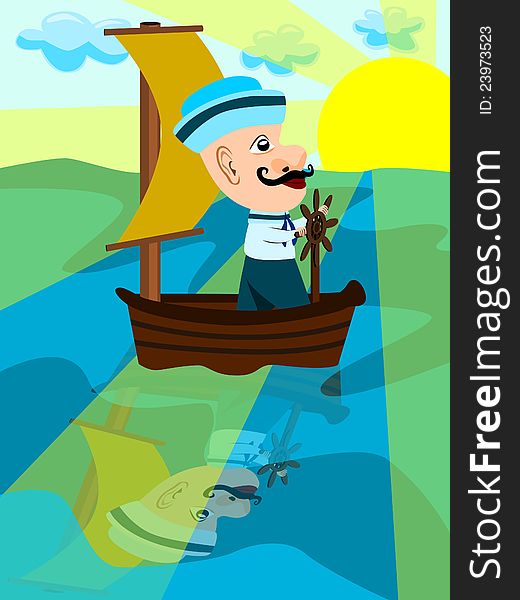 Cartoon illustration of a sailor on his sailboat sailing alone in the ocean