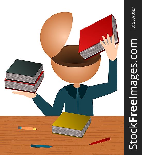 Abstract character putting a book inside his open head. Abstract character putting a book inside his open head