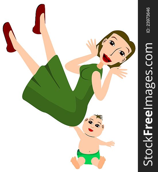 Cute cartoon baby lifting his mommy using only one hand. Cute cartoon baby lifting his mommy using only one hand