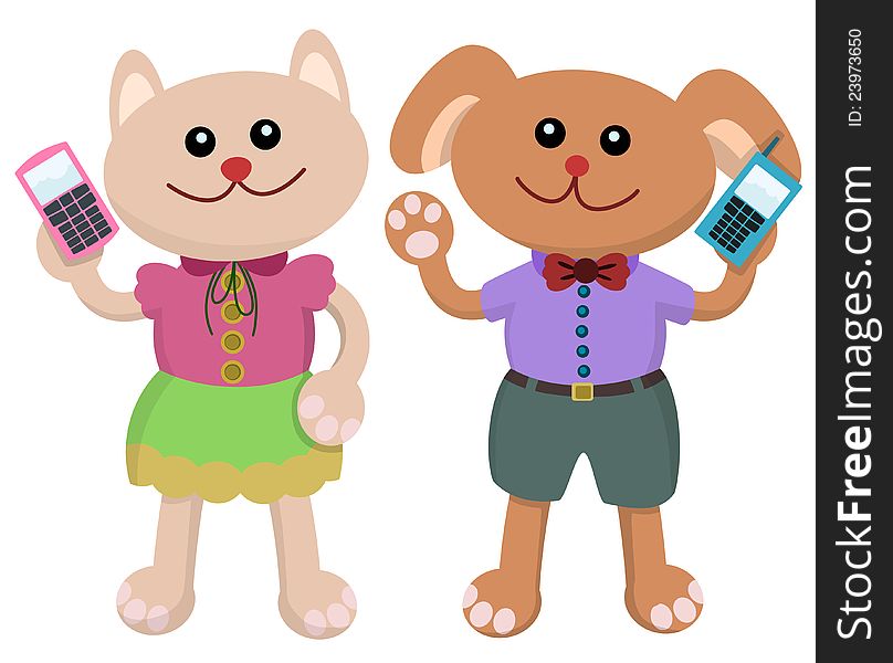 A cartoon cat and cartoon dog both holding a cellular phone. A cartoon cat and cartoon dog both holding a cellular phone