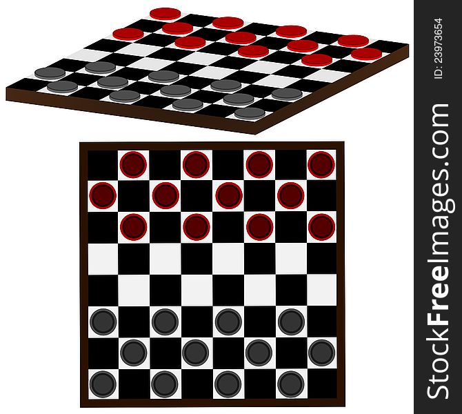 Checkerboard game illustrations, set one in perspective view and set two in top view. Checkerboard game illustrations, set one in perspective view and set two in top view