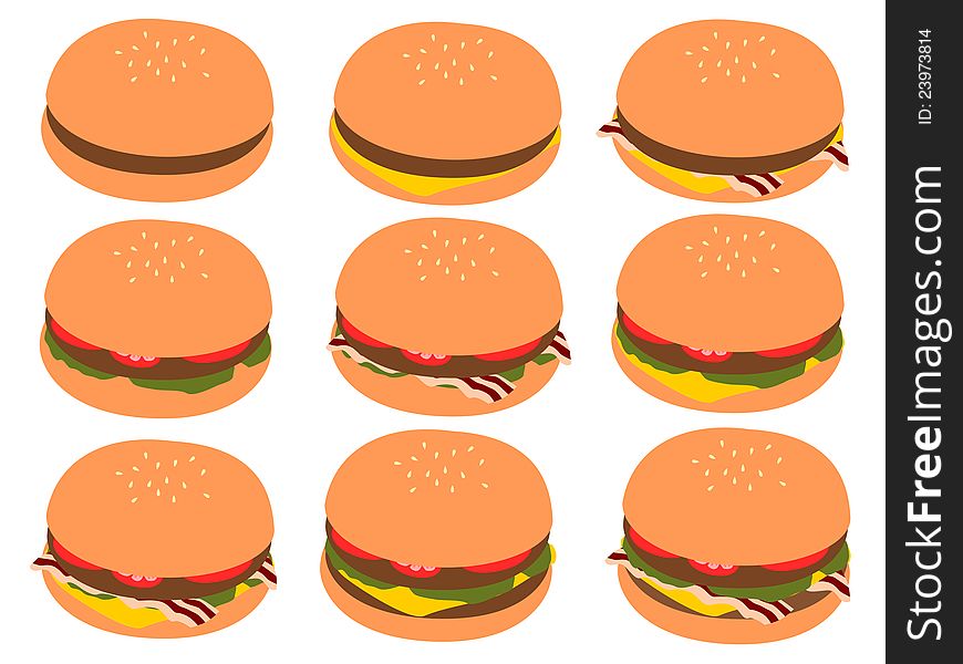 Illustration of a set of different preparations on burgers