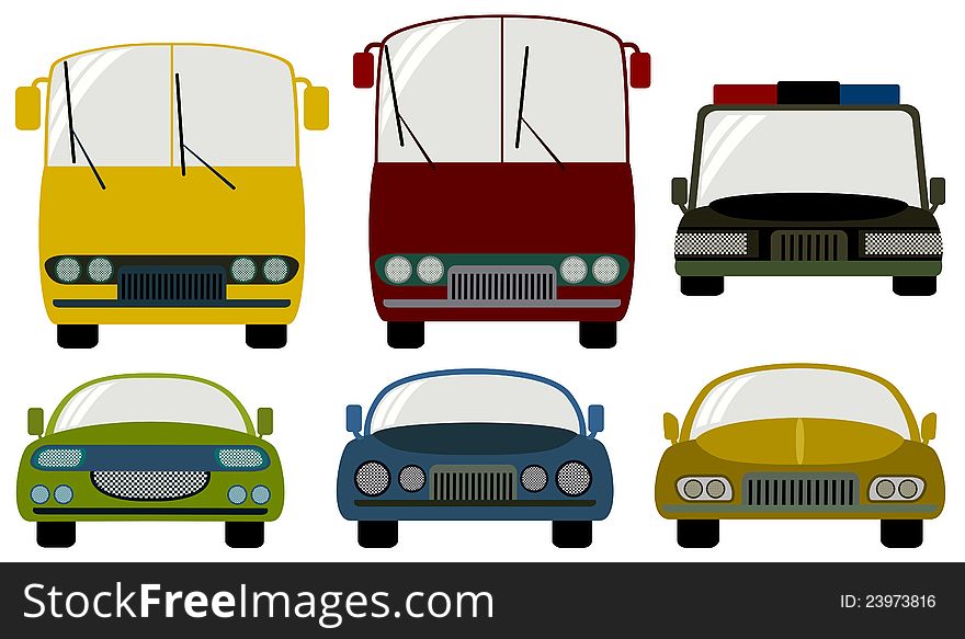 A collection of different land transportation made up of cars and buses. A collection of different land transportation made up of cars and buses