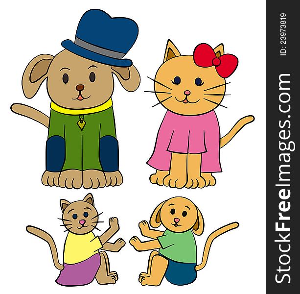 A cartoon animal family composed of a married dog and cat with their offspring. A cartoon animal family composed of a married dog and cat with their offspring