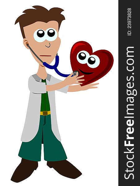 Cartoon doctor checking a heart with a stethoscope