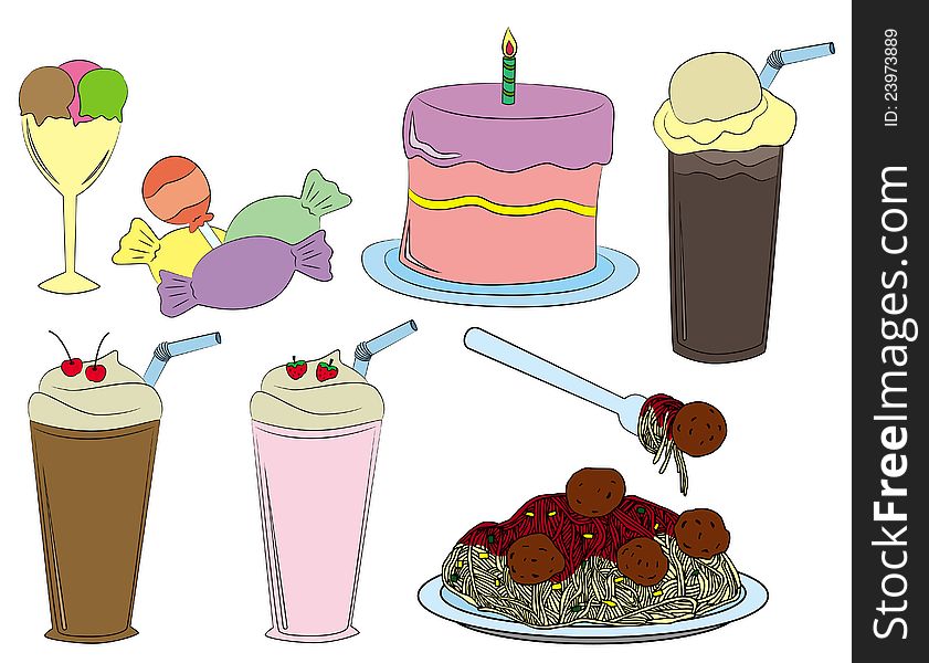 A collection of party foods commonly seen in parties of children. A collection of party foods commonly seen in parties of children