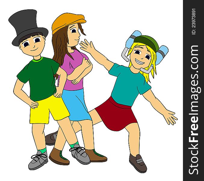 Three kids posing happily and shows off their different kinds of hats. Three kids posing happily and shows off their different kinds of hats