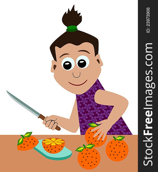 Cute cartoon mother slicing and preparing an orange. Cute cartoon mother slicing and preparing an orange
