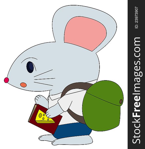 Cute cartoon mouse with a bag and book. Cute cartoon mouse with a bag and book
