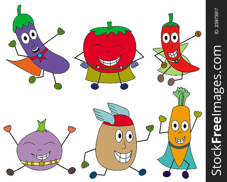 A set of cute kid like drawings of vegetables posing and wearing super hero clothes. A set of cute kid like drawings of vegetables posing and wearing super hero clothes