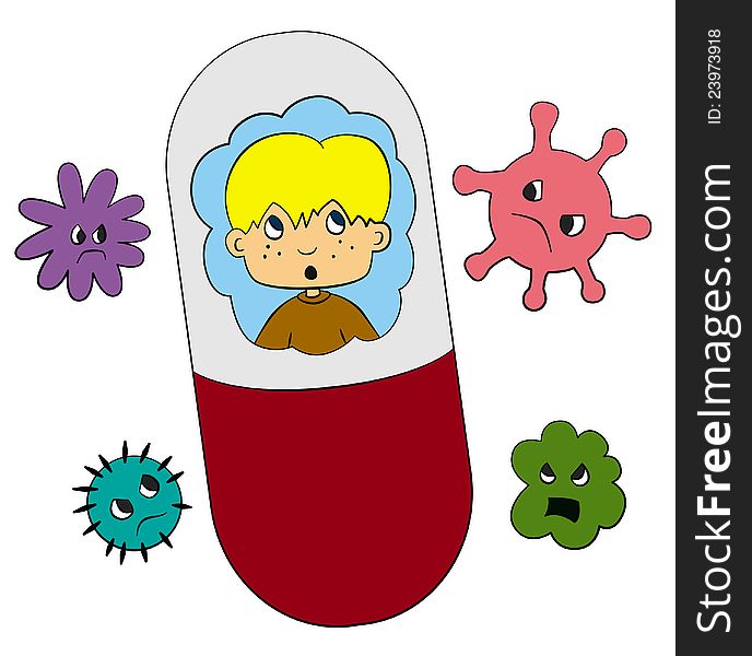 Young cartoon man protected inside a vitamin capsule, while viruses surrounds him. Young cartoon man protected inside a vitamin capsule, while viruses surrounds him