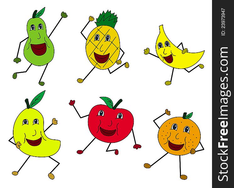 A set of kids like drawing of different kinds of fruits, with faces, arms, and legs. A set of kids like drawing of different kinds of fruits, with faces, arms, and legs