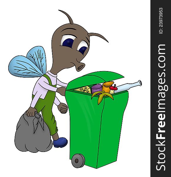 Cartoon environmentalist fly pushing a trash bin and collecting garbage. Cartoon environmentalist fly pushing a trash bin and collecting garbage