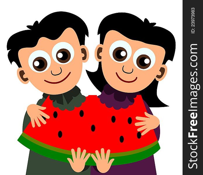 Two cute cartoon kids carrying and giant watermelon. Two cute cartoon kids carrying and giant watermelon