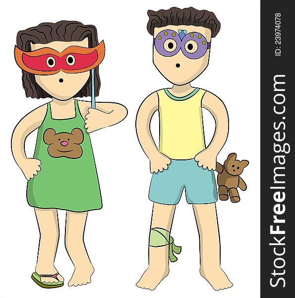 Two cartoon kids posing while wearing mask. Two cartoon kids posing while wearing mask