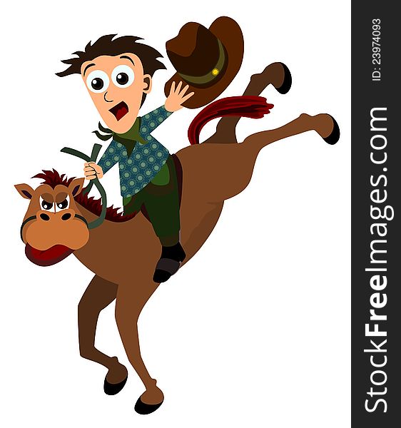 Illustration of a cartoon cowboy having a rodeo ride