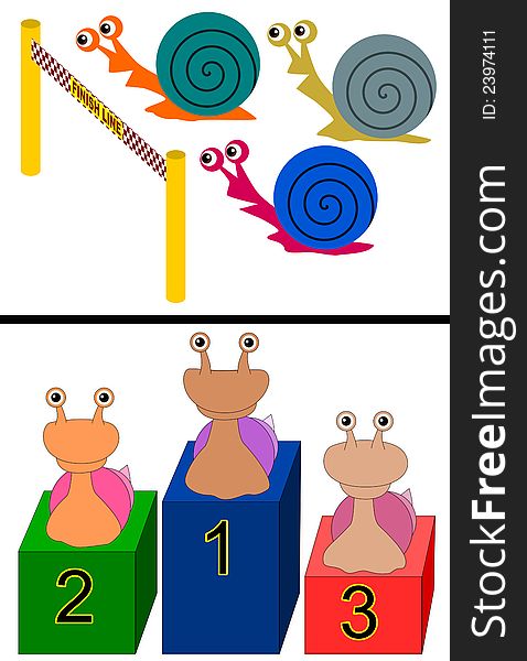 A set of humorous success illustrations, illustration one consists of snails having a race, and illustration two consists of snail race winners