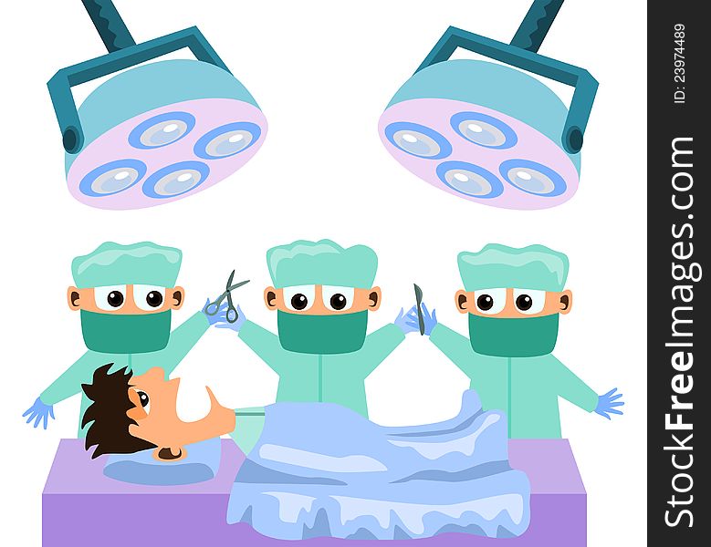 Cartoon illustration of a team of doctors performing an operation. Cartoon illustration of a team of doctors performing an operation
