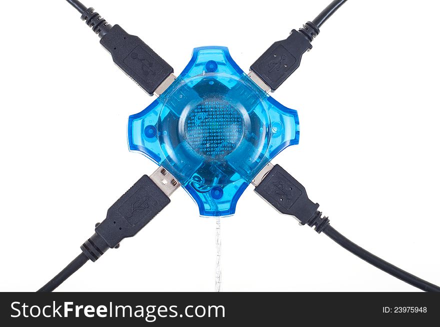 Connected usb hub with blue light, isolated white