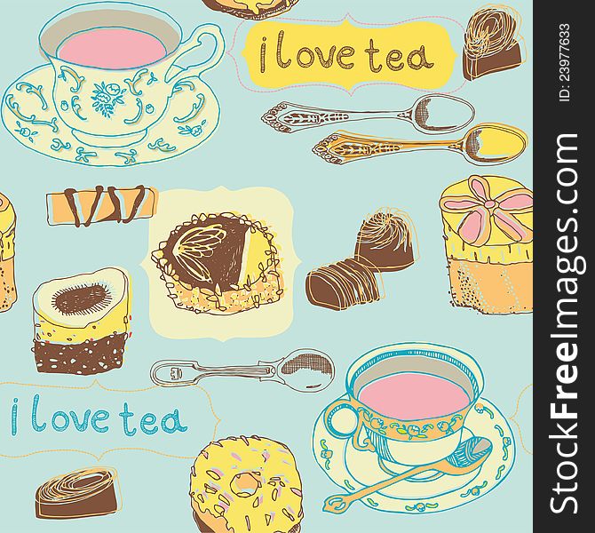 Tea cups, spoons and cookies with I love tea text