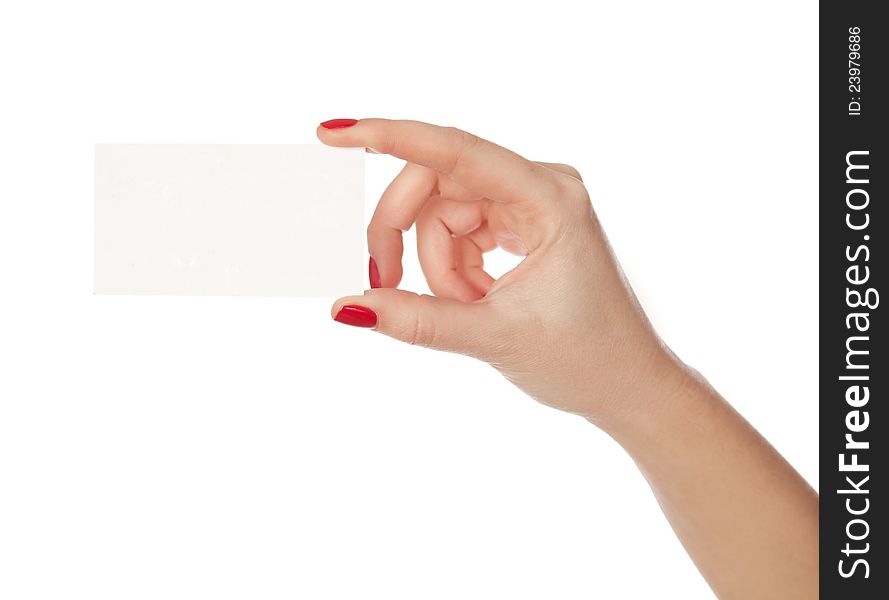 Female hand holding a blank paper. isolated in white