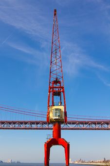 Red Crane And Red Metallic Bridge On Background Stock Photography Red Crane And Red Metallic Bridge On Background Stock Photography