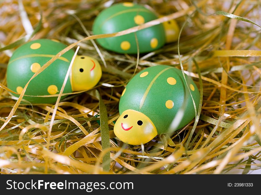 Colorful wooden green ladybugs easter decoration