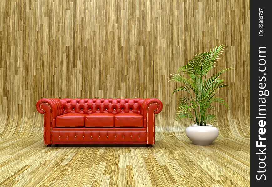 Red classic leather sofa on curved parquet. Red classic leather sofa on curved parquet.