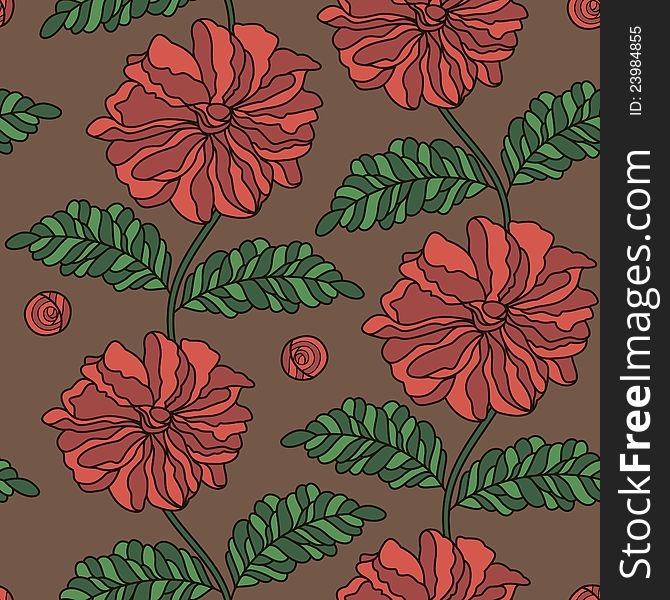 Seamless background with red flowers and green leaves. Seamless background with red flowers and green leaves