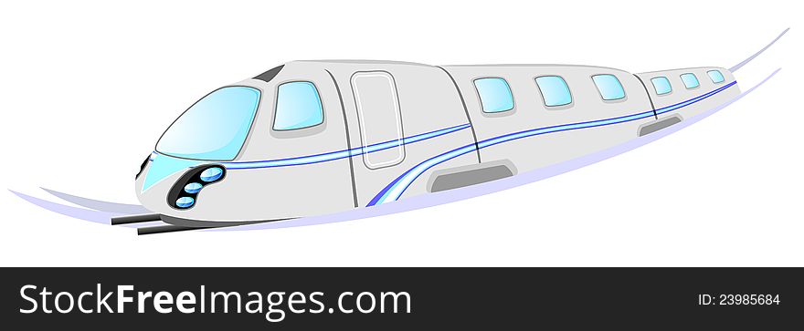 Gray high speed train with blue stripe and rails