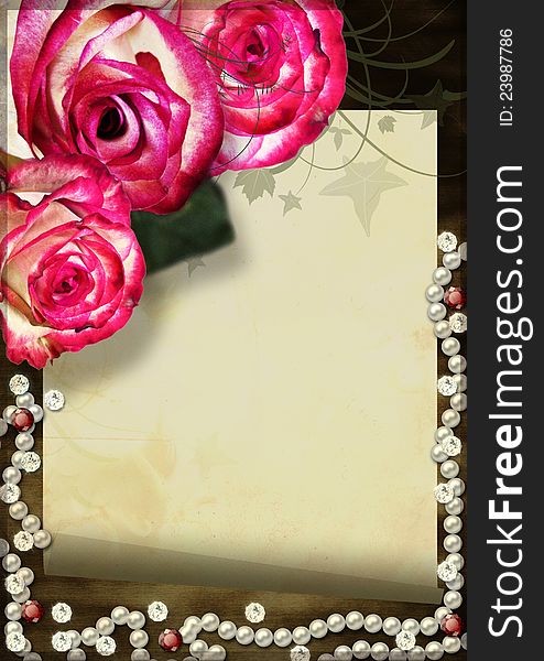 Grunge card with roses, pearls and diamonds