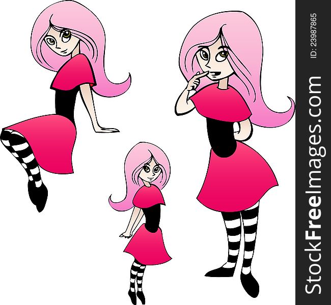 Curious cartoon girl with pink hair. Curious cartoon girl with pink hair