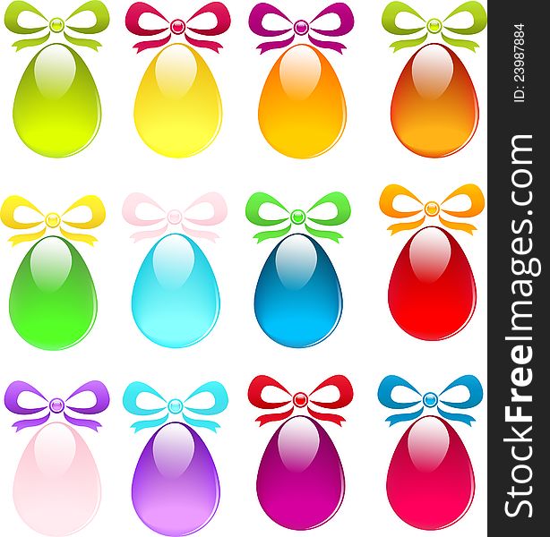 Set of Easter glossy colored eggs with ribbons. Set of Easter glossy colored eggs with ribbons
