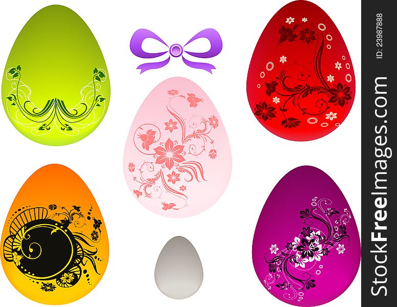 Set of Easter glossy colored eggs with floral patterns. Set of Easter glossy colored eggs with floral patterns