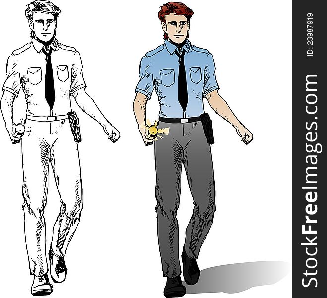 A policeman illustration in comic style, lineart and colored. A policeman illustration in comic style, lineart and colored