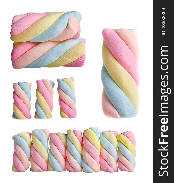 Collage colorful marshmallows on a white background