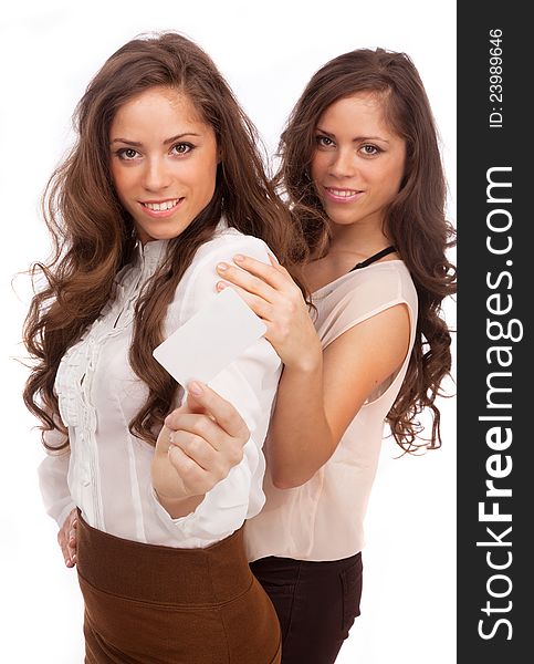 The two girls - GEMINI show a credit card on a white background