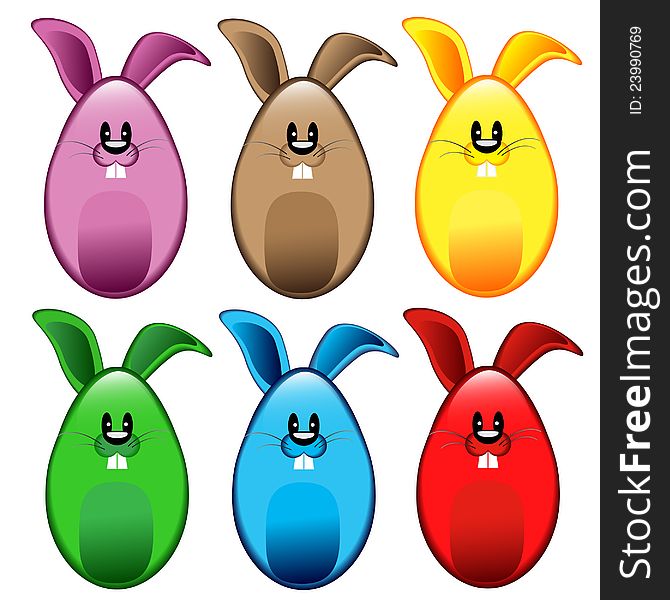 Bunny eggs in six colors. Vector illustration.