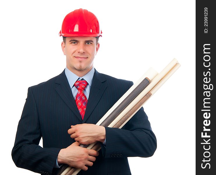 Handsome smiling engineer with hard hat on his head and blueprints in his arms isolated on white. Handsome smiling engineer with hard hat on his head and blueprints in his arms isolated on white.