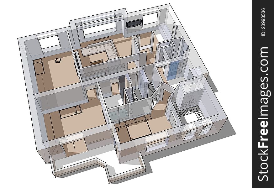 3d apartment sketch on a white background in lines