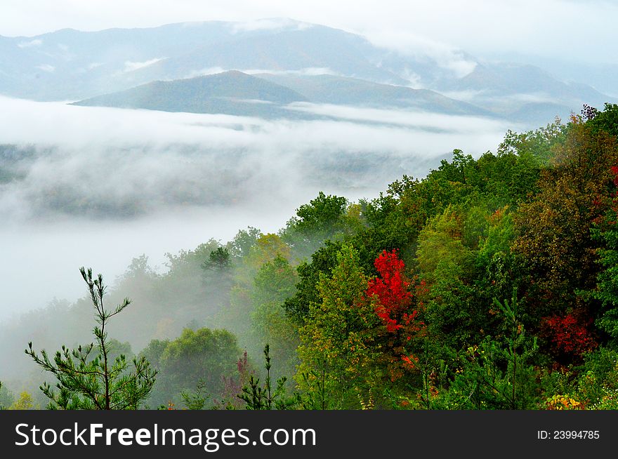 Fog Floats Across The Mountain On A Fall Day.